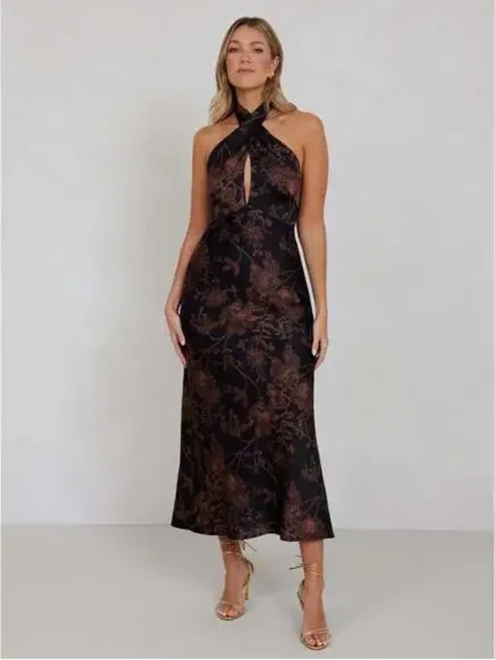 Park & Fifth Black and Brown Floral Halter Midi Dress